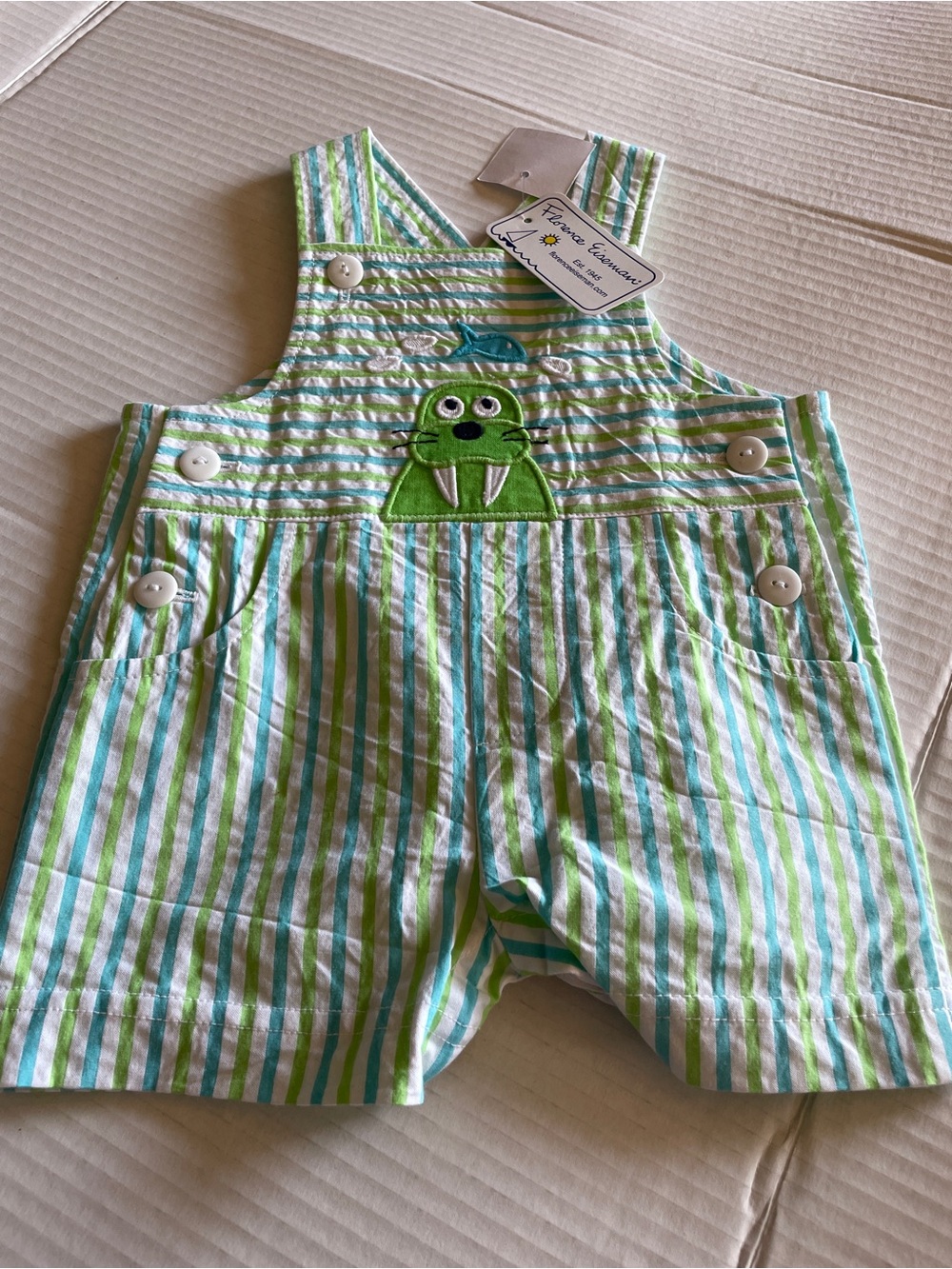 Florence Eiseman NWT Turquoise/Lime Striped Baby Overalls